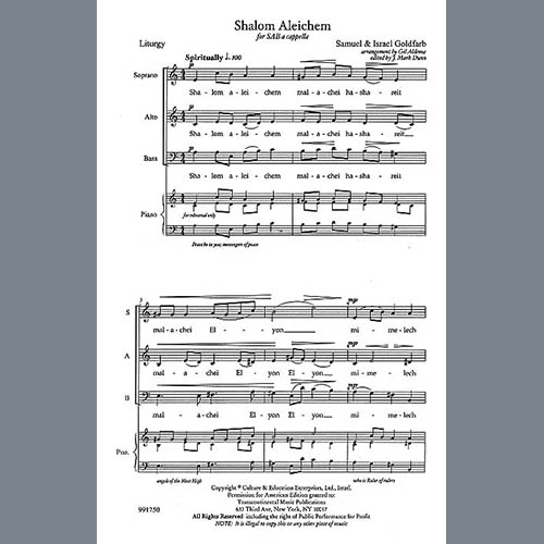 Shalom Aleichem (SATB ) by Israel Goldfarb /